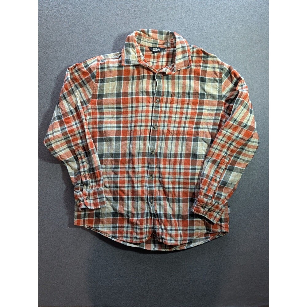 Eddie Bauer Men’s Large Plaid Flannel Shirt Orange Gray 100% Cotton Button Up